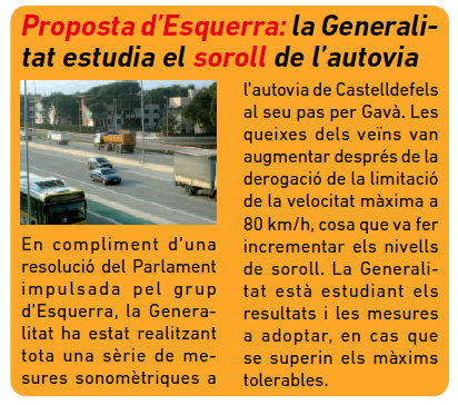 Notcia publicada al nmero 103 de L'Erampruny (Mar 2012) sobre l'estudi que est realitzant la Generalitat de Catalunya sobre la contaminaci acstica de l'autovia de Castelldefels (C-31)